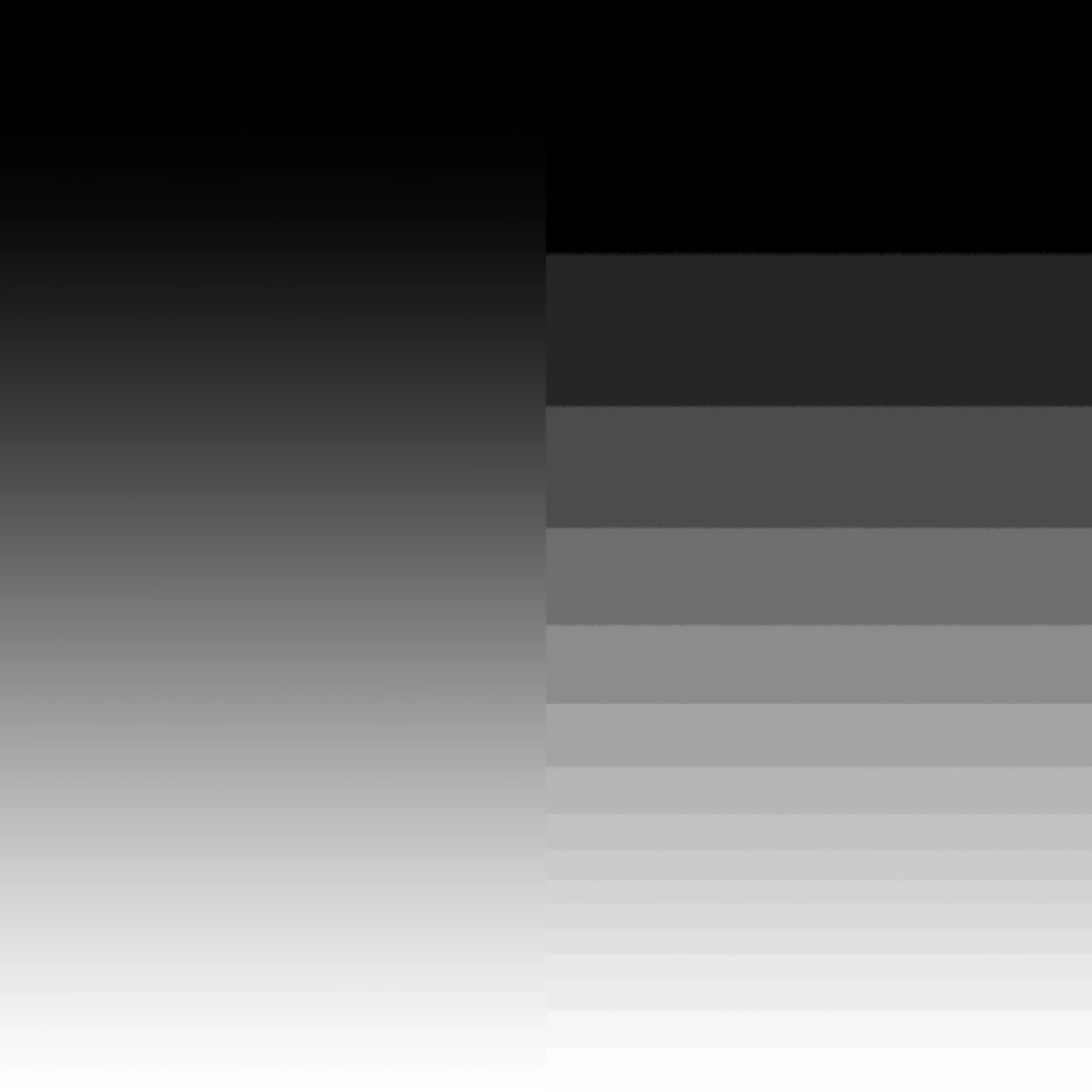 Gradient from black to white on the left side compressed to 8-Bit, on the right side compressed to 16 colors.